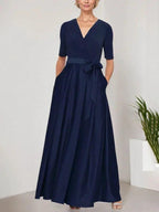 Surplice Neckline Ballgown with Full Satin Skirt & Jersey Bodice by Dreamylily