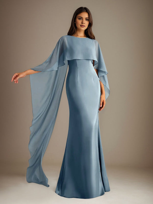 Sheath/Column Boatneck Floor-Length Chiffon Mother of the Bride Dress With Cascading Ruffles