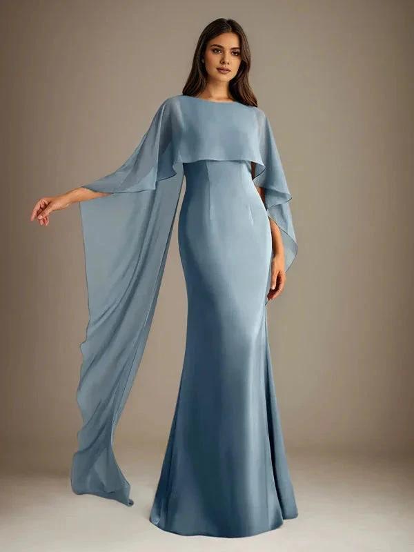 Sheath/Column Boatneck Floor-Length Chiffon Mother of the Bride Dress With Cascading Ruffles by Dreamylily
