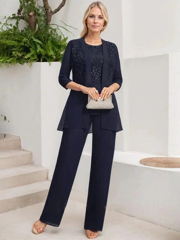 Jumpsuit/Pantsuit Separates Scoop Floor-Length Chiffon Lace Mother of the Bride Dress With Sequins by Dreamylily