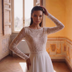 Glamorous White Long Sleeve Lace Wedding Dress with Removable Chiffon Overlay SW714