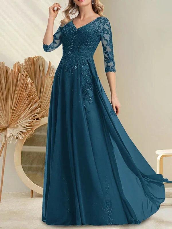 A-line V-Neck Floor-Length Lace Chiffon Mother of the Bride Dress With Sequins by Dreamylily