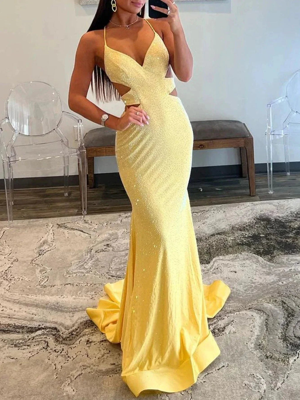 Glint | Sparkly Mermaid V Neck Yellow Sequins Long Prom Dresses by KissProm