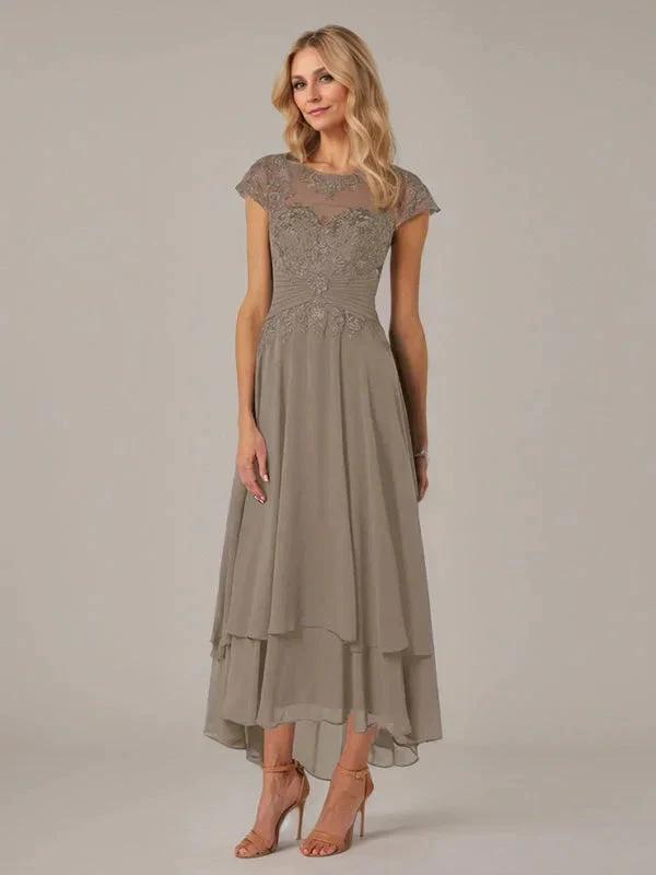 A-line Boat Neck Illusion Asymmetrical Chiffon Lace Mother of the Bride Dress With Applique Pleats by Dreamylily