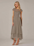 A-line Boat Neck Illusion Asymmetrical Chiffon Lace Mother of the Bride Dress With Applique Pleats by Dreamylily