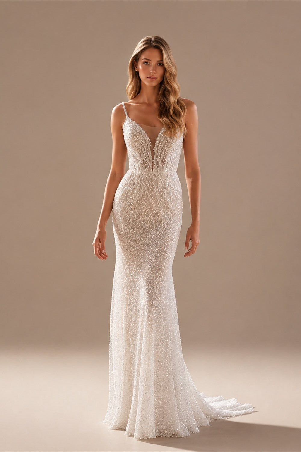 Shiny Mermaid Sexy Backless Wedding Dress Customized Modern Deep V Neck Bridal Gown With Cape Fantasy Sequined Classy Bride Wear - studio product image 3