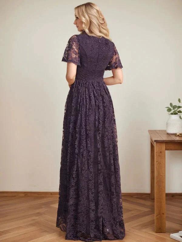 A-Line V-Neck Asymmetrical Lace Mother of the Bride Dress With Cascading Ruffles by Dreamylily
