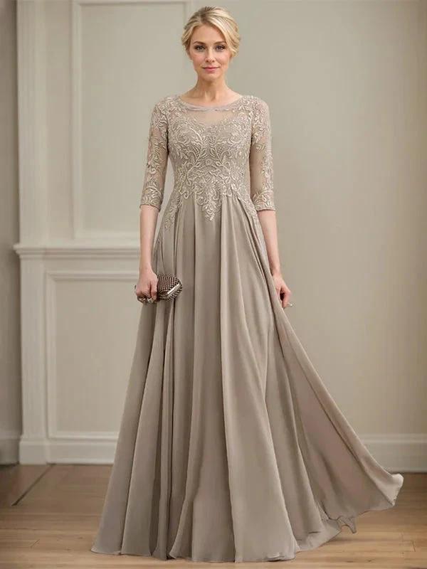 A-line Scoop Illusion Floor-Length Lace Chiffon Mother of the Bride Dress With Sequins by Dreamylily