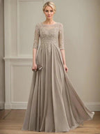 A-line Scoop Illusion Floor-Length Lace Chiffon Mother of the Bride Dress With Sequins by Dreamylily