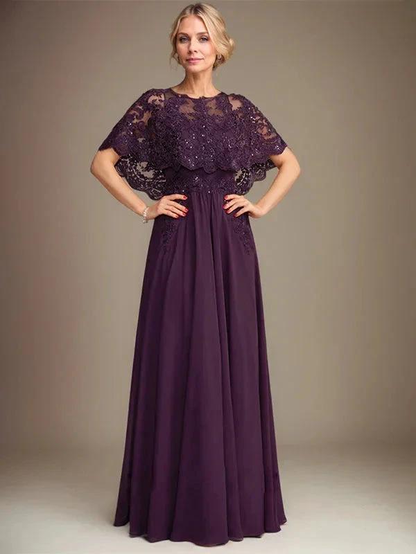 A-line Boat Neck Floor-Length Lace Chiffon Mother of the Bride Dress With Applique Sequins by Dreamylily