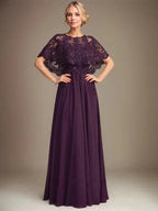 A-line Boat Neck Floor-Length Lace Chiffon Mother of the Bride Dress With Applique Sequins by Dreamylily