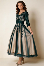 Elegant Dark Green Lace Appliqué Champagne Satin Mother of the Bride Dress by tangjianjun