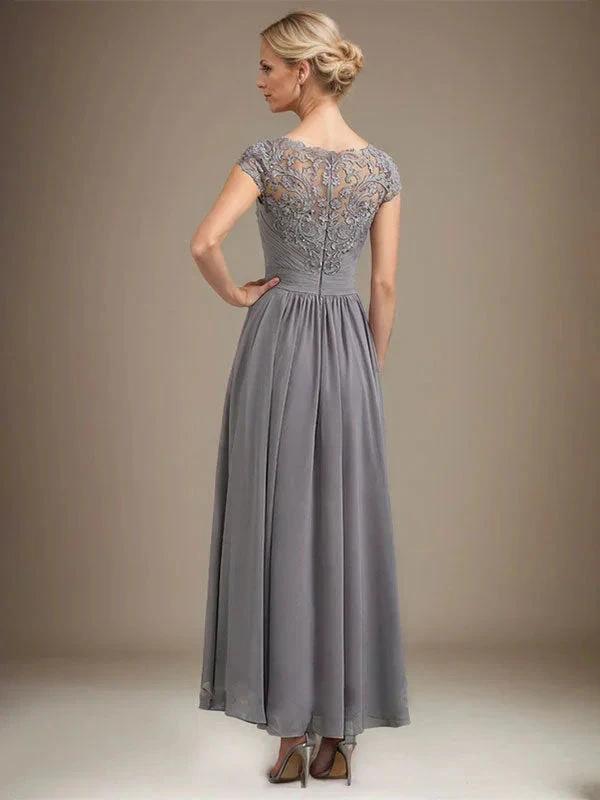 A-line Scoop Illusion Asymmetrical Lace Chiffon Mother of the Bride Dress With Pleated by Dreamylily