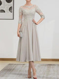 A-line Scoop Illusion Tea-Length Chiffon Lace Mother of the Bride Dress With Beading Sequins by Dreamylily