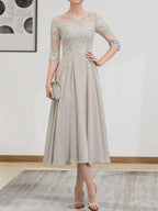 A-line Scoop Illusion Tea-Length Chiffon Lace Mother of the Bride Dress With Beading Sequins by Dreamylily