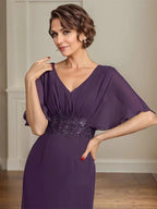 A-line V-Neck Floor-Length Chiffon Mother of the Bride Dress With Pleated Sequins Appliques Lace by Dreamylily