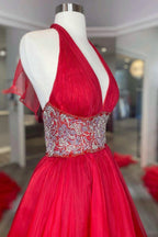 Red Beaded Halter Backless A-Line Long Prom Gown by KissProm
