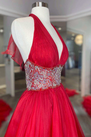 Rotes, perlenbesetztes, rückenfreies A-Linien-Ballkleid mit Neckholder