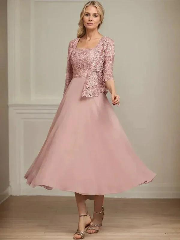 A-line Square Tea-Length Chiffon Lace Mother of the Bride Dress With Sequins Beading by Dreamylily