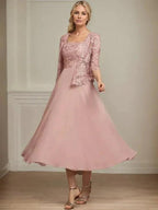 A-line Square Tea-Length Chiffon Lace Mother of the Bride Dress With Sequins Beading by Dreamylily