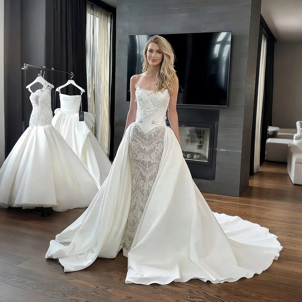 Elegant Ivory Strapless Beaded Corset Lace Mermaid Wedding Dress with Overskirt SW218