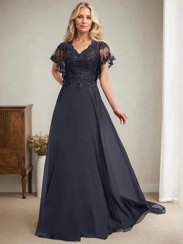 A-line V-Neck Floor-Length Lace Chiffon Mother of the Bride Dress With Sequins by Dreamylily