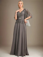 A-line V-Neck Floor-Length Chiffon Lace Mother of the Bride Dress With Crystal Brooch Rhinestone by Dreamylily