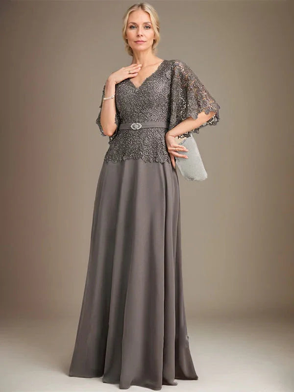 A-line V-Neck Floor-Length Chiffon Lace Mother of the Bride Dress With Crystal Brooch Rhinestone by Dreamylily