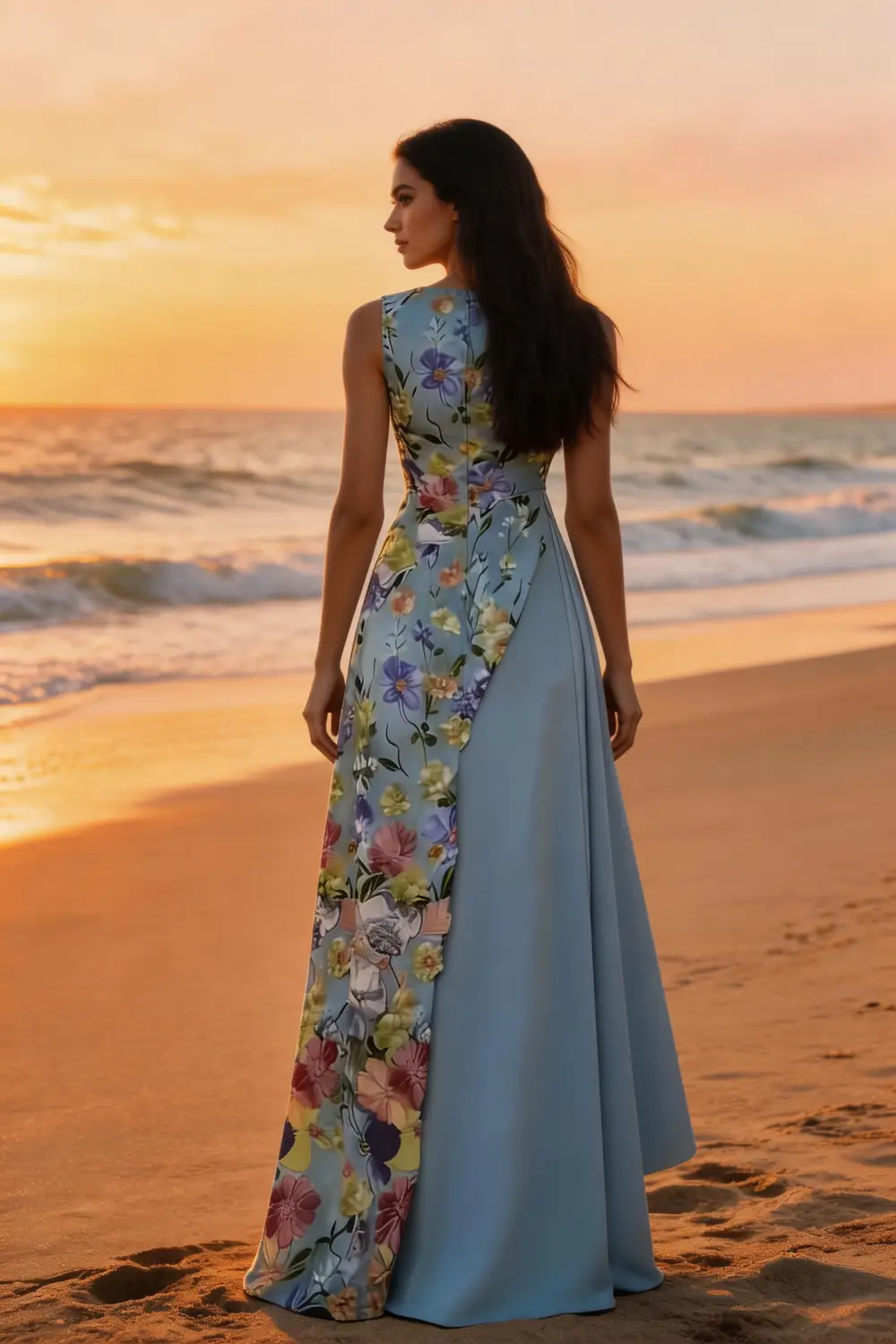 Sky Blue Floral Print Asymmetrical Maxi Dress For Summer Events by tangjianjun