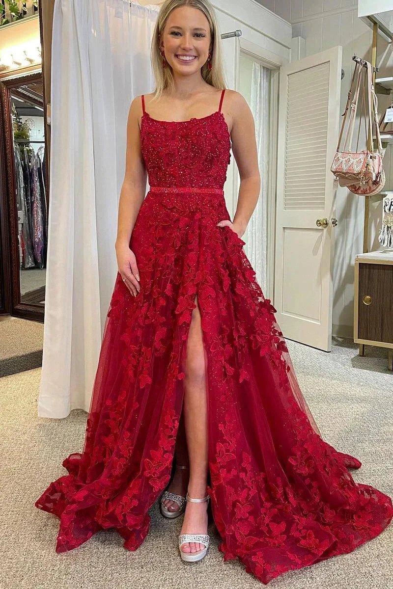Shana | Cute A Line Scoop Neck Red Lace Prom Dresses with Beading by KissProm
