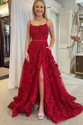 Shana | Preciosos vestidos de fiesta de encaje rojo con escote redondo y cuentas