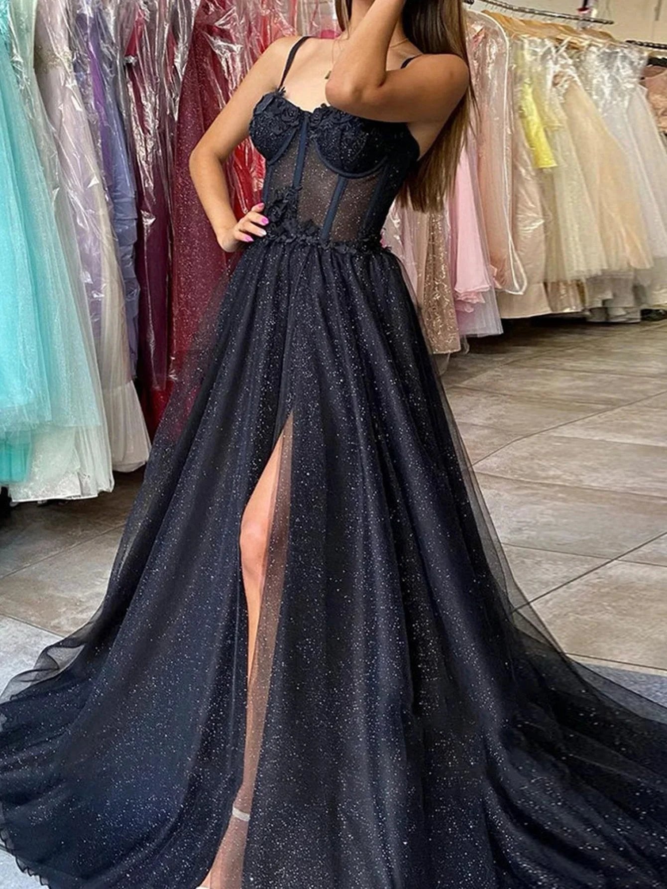 Keily |A-line Spaghetti Straps Glitter Tulle Prom Dress by KissProm