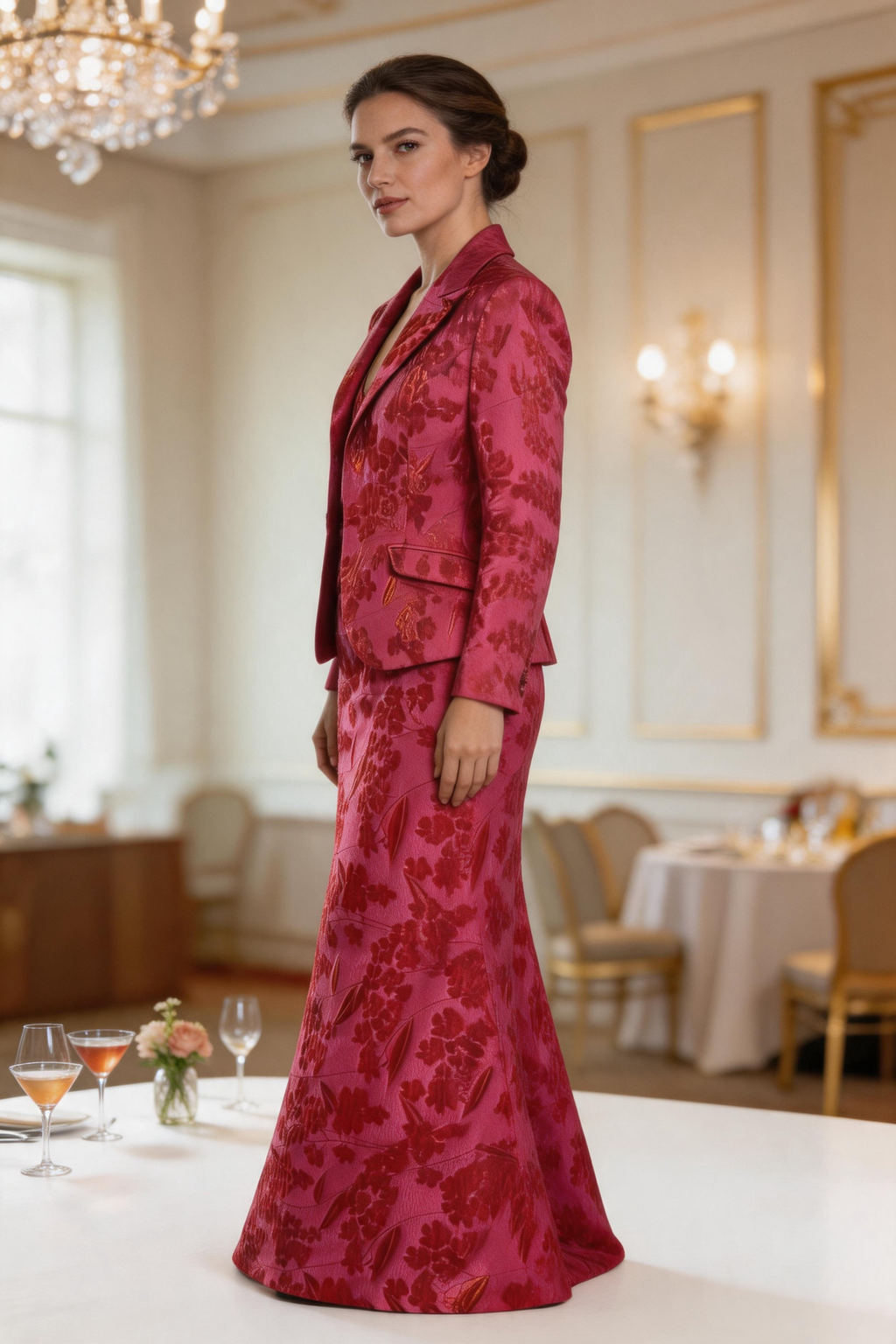 Elegant Crimson Floral Jacquard Two‑Piece Evening Gown with Tailored Jacket by simplepromdress