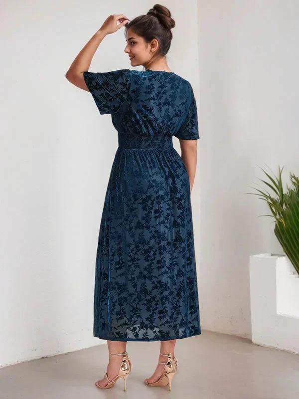 Plus Size A-Line V-Neck Velvet Tea-Length Mother of the Bride Dress by Dreamylily