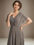 A-line V-Neck Asymmetrical Lace Chiffon Mother of the Bride Dress With Pleated by Dreamylily