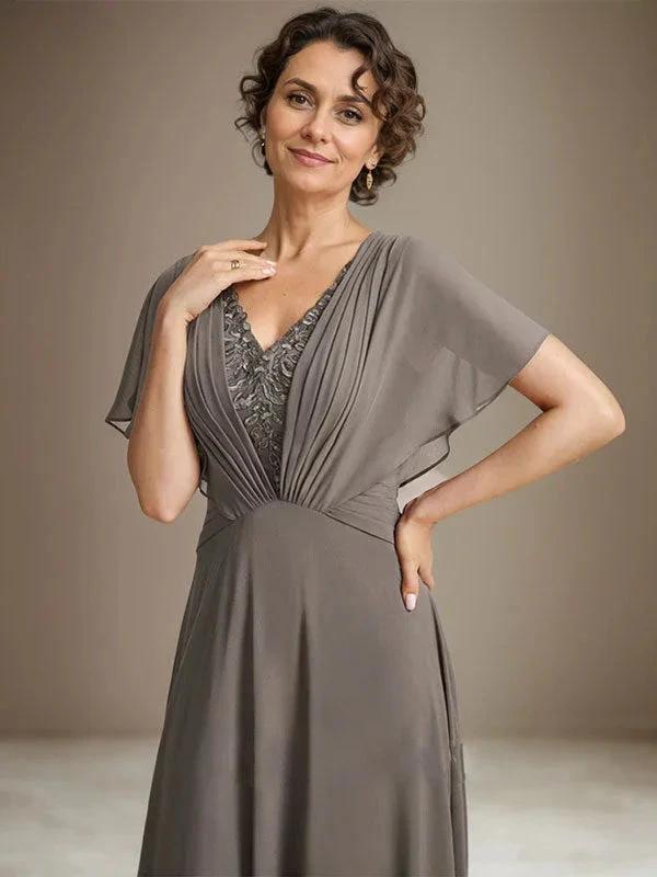 A-line V-Neck Asymmetrical Lace Chiffon Mother of the Bride Dress With Pleated by Dreamylily