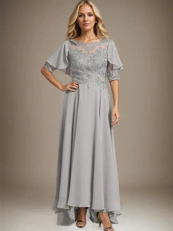 A-line Scoop Illusion Asymmetrical Chiffon Lace Mother of the Bride Dress With Beading by Dreamylily