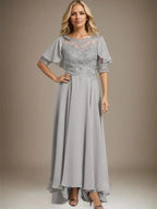 A-line Scoop Illusion Asymmetrical Chiffon Lace Mother of the Bride Dress With Beading by Dreamylily