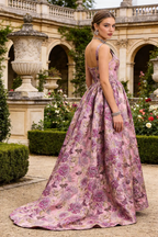 Square Neck Floral Jacquard A-Line Evening Gown with Train by tangjianjun