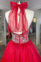 Red Beaded Halter Backless A-Line Long Prom Gown by KissProm