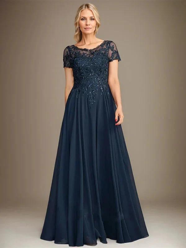 A-Line Scoop Floor-Length Chiffon Mother of the Bride Dress With Applique & Sequins by Dreamylily