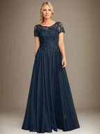 A-Line Scoop Floor-Length Chiffon Mother of the Bride Dress With Applique & Sequins by Dreamylily