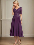 A-line V-Neck Tea-Length Lace Chiffon Mother of the Bride Dress With Sequins by Dreamylily
