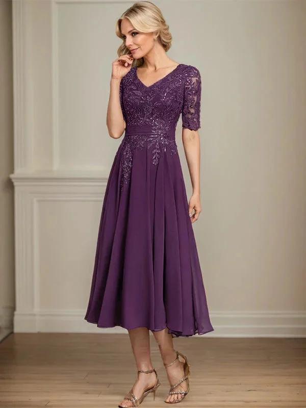 A-line V-Neck Tea-Length Lace Chiffon Mother of the Bride Dress With Sequins by Dreamylily