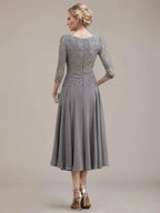 A-line Scoop Tea-Length Lace Chiffon Mother of the Bride Dress by Dreamylily