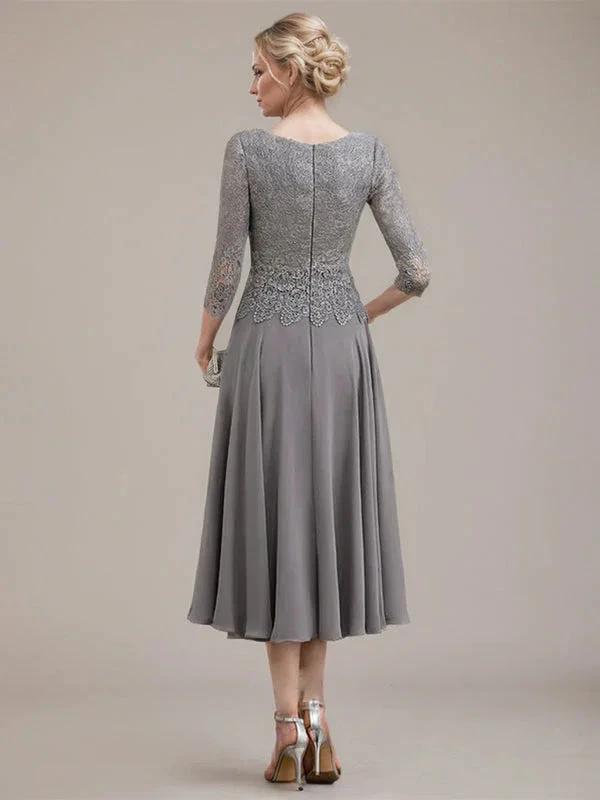 A-line Scoop Tea-Length Lace Chiffon Mother of the Bride Dress by Dreamylily