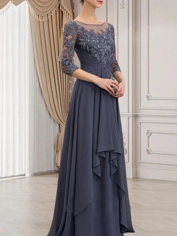 A-line Scoop Illusion Floor-Length Lace Chiffon Mother of the Bride Dress With Cascading Ruffles by Dreamylily