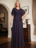 A-line V-Neck Floor-Length Chiffon Mother of the Bride Dress With Pleated Beading by Dreamylily
