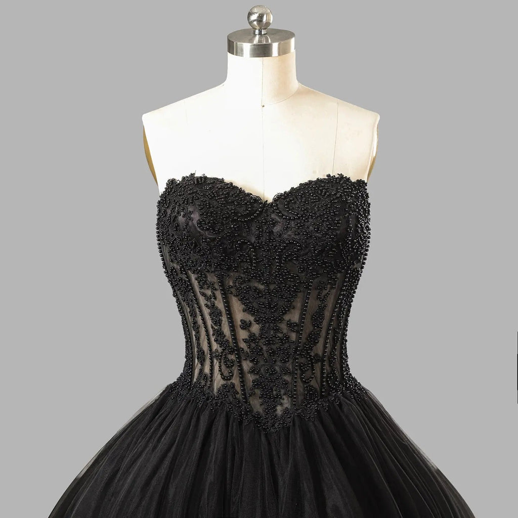 Black Lace Heavy Gothic Beading Wedding Dress Ballgown Corset Closure  SW567