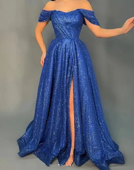 Sparkly Off The Shoulder Sequin Slit Prom Dress Blue A Line Evening Dress Y8532 by simplepromdress